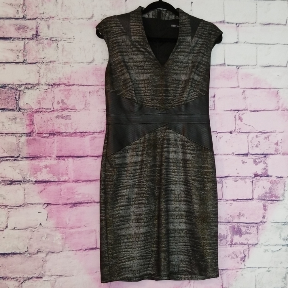 ELLEN TRACY BLACK GOLD GLITTER CONTOUR WAIST FAUX LEATHER BODYCON DRESS